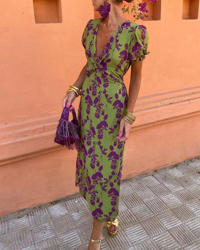 Aria | Chic Deep V-Neck Dress with Leaf Design