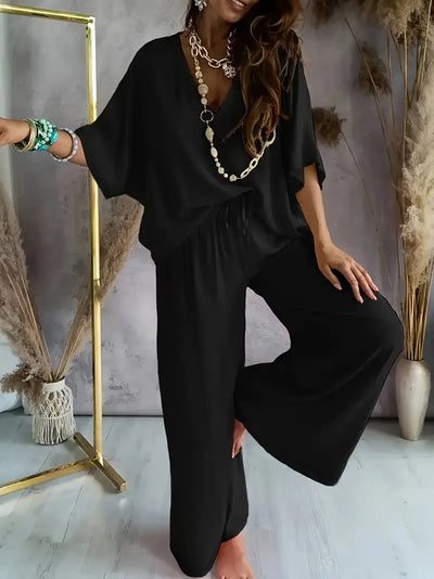 Lily | Relaxed V Neck Top & Wide Leg Pants Set