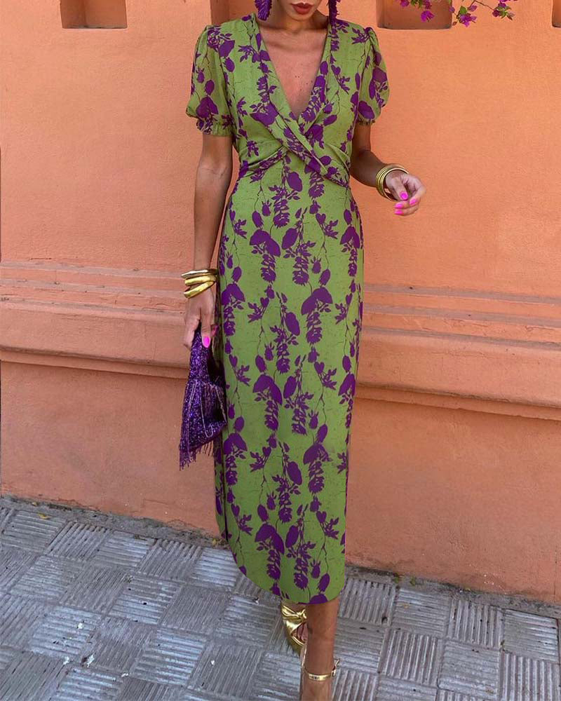 Aria | Chic Deep V-Neck Dress with Leaf Design