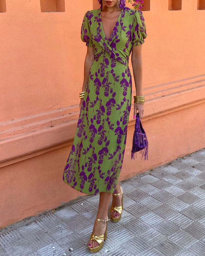 Aria | Chic Deep V-Neck Dress with Leaf Design