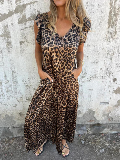 Linda | Leopard Print V-Neck Jumpsuit With Front Pockets