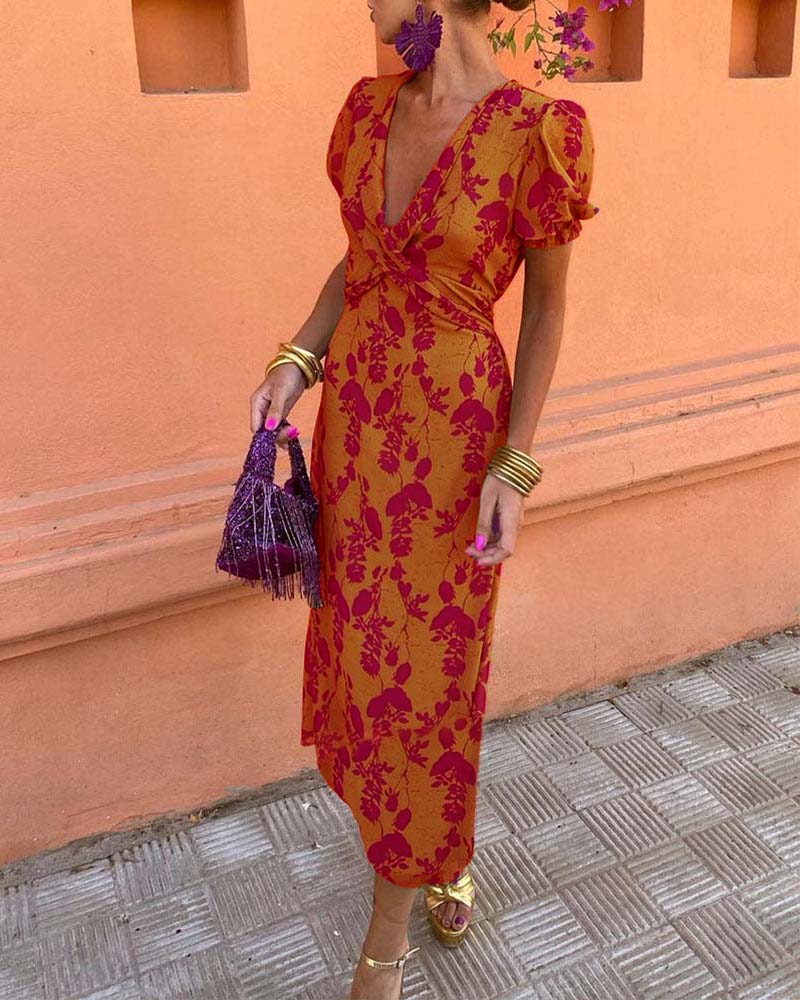 Aria | Chic Deep V-Neck Dress with Leaf Design