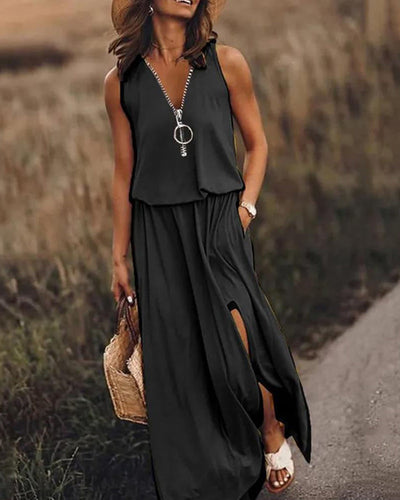 Riley | Chic Solid Color Zipper Dress with Side Slit