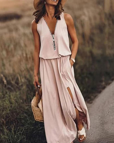 Riley | Chic Solid Color Zipper Dress with Side Slit