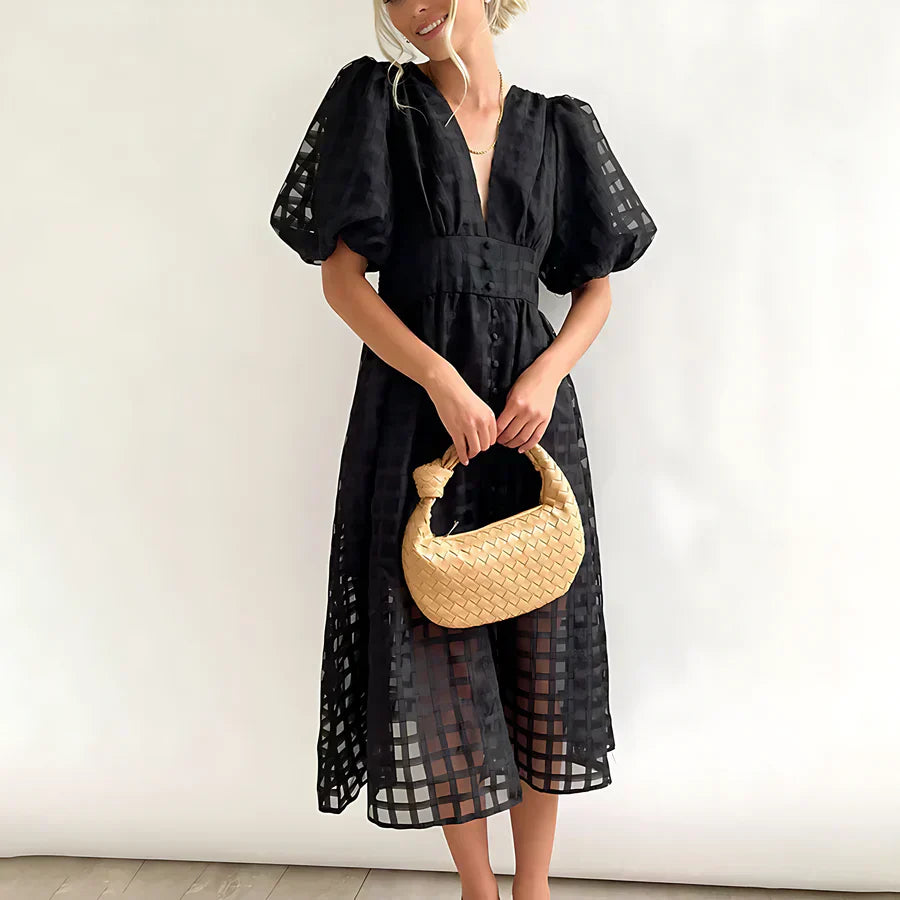 Cindy | Classic Patterned Puff Sleeve Midi Dress