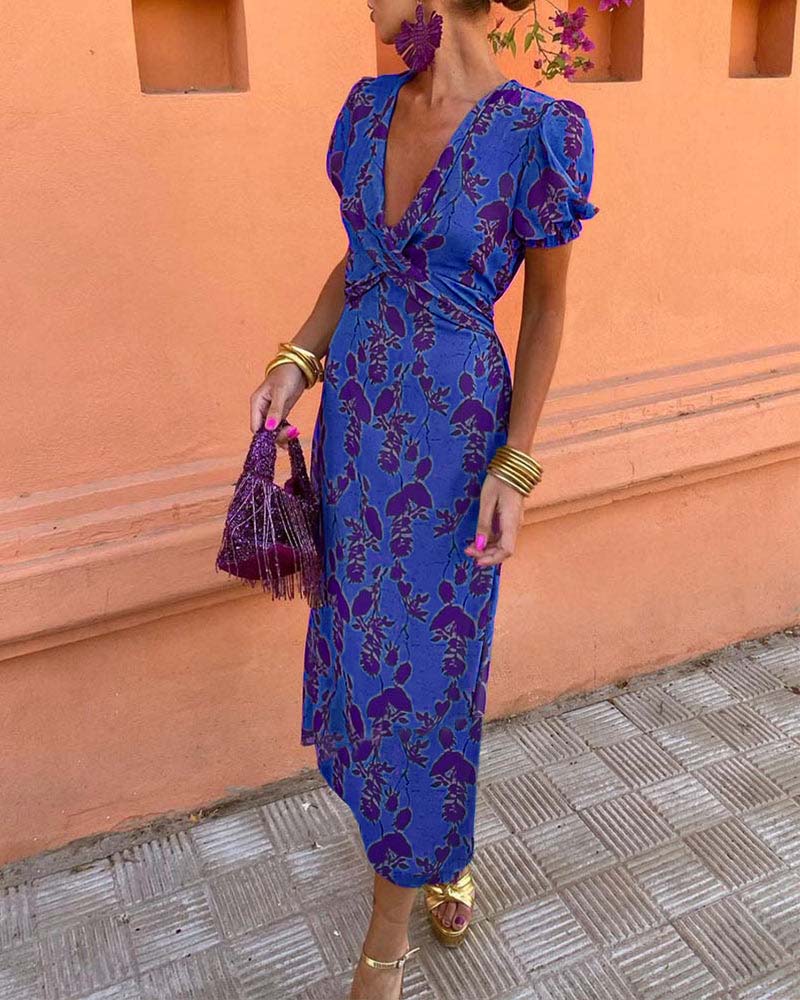 Aria | Chic Deep V-Neck Dress with Leaf Design