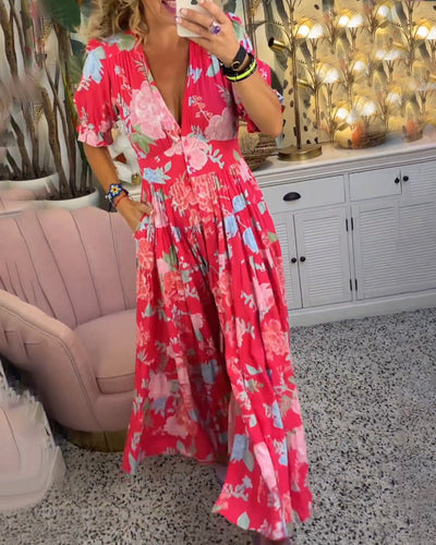 Reagan | V-Neck Short Sleeve Floral Maxi Dress