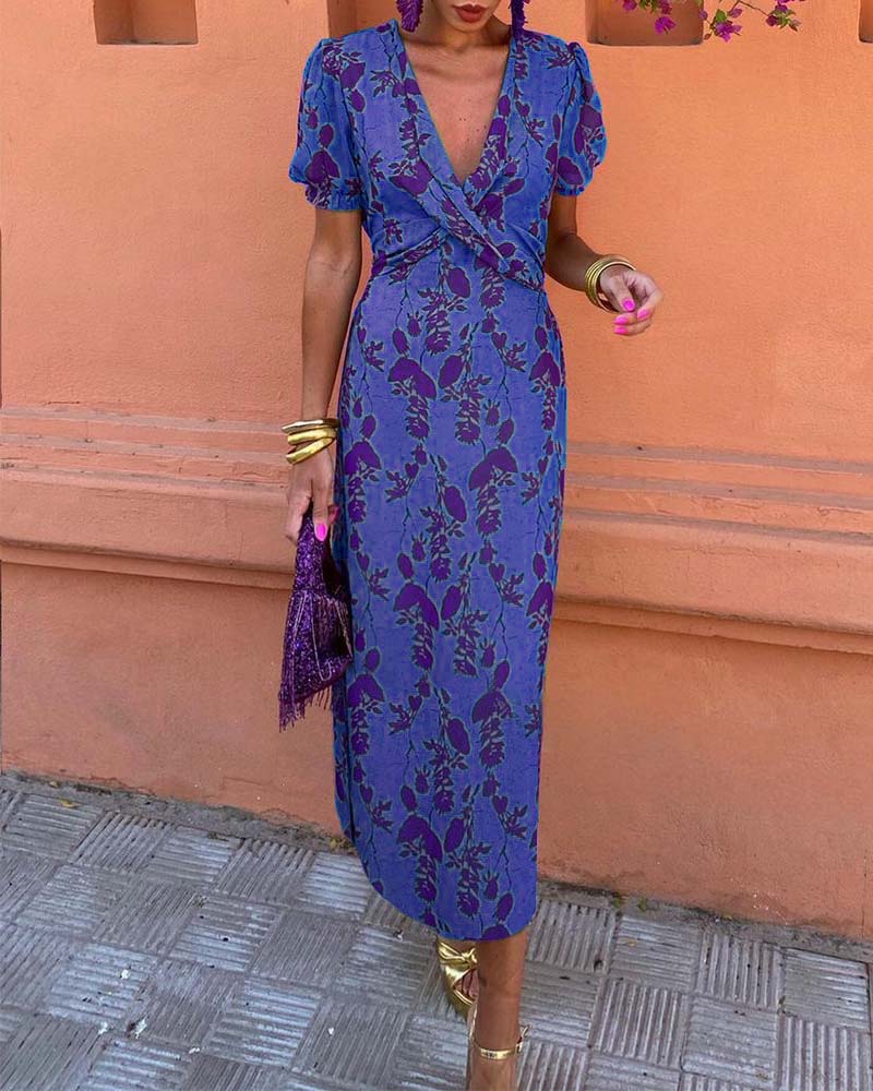 Aria | Chic Deep V-Neck Dress with Leaf Design