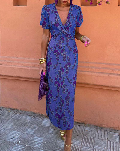 Aria | Chic Deep V-Neck Dress with Leaf Design