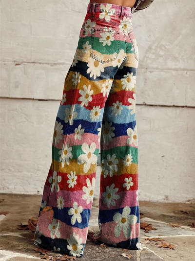 Sophie | Retro Floral Striped Wide Leg Trousers