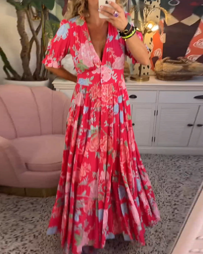 Reagan | V-Neck Short Sleeve Floral Maxi Dress
