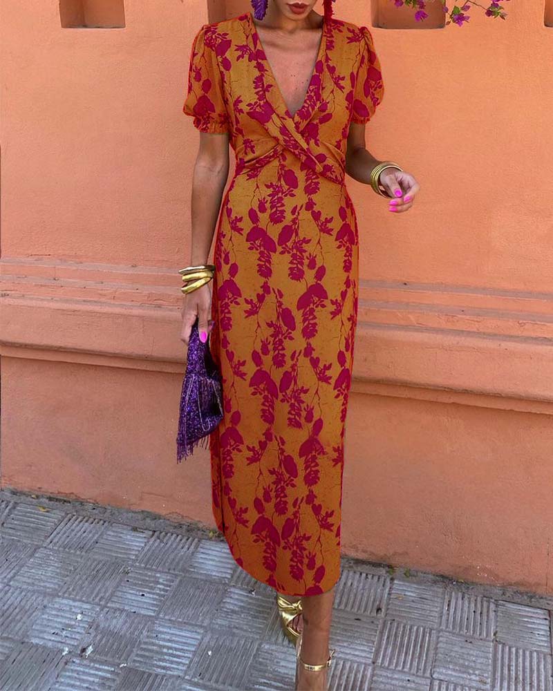 Aria | Chic Deep V-Neck Dress with Leaf Design
