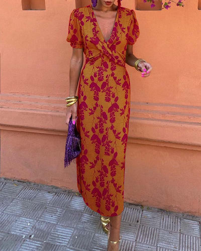 Aria | Chic Deep V-Neck Dress with Leaf Design