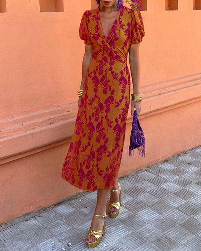 Aria | Chic Deep V-Neck Dress with Leaf Design