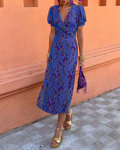 Aria | Chic Deep V-Neck Dress with Leaf Design