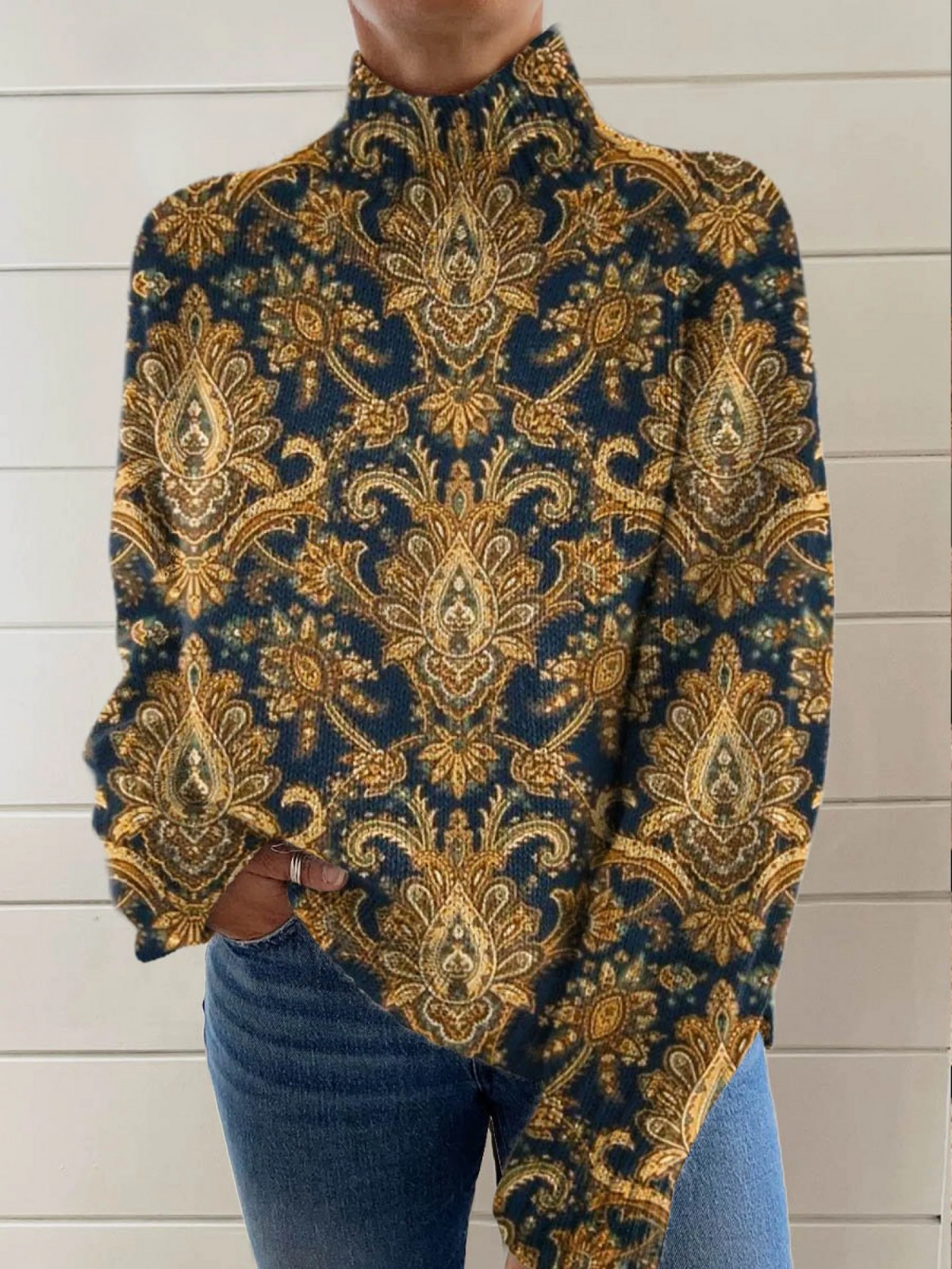 Miriam | Vintage floral artistic pattern turtleneck sweater