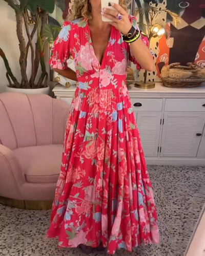 Reagan | V-Neck Short Sleeve Floral Maxi Dress