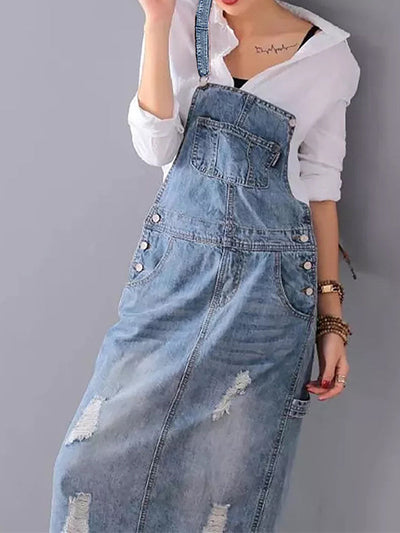Sophie | Denim Dungaree Dress with Back Split