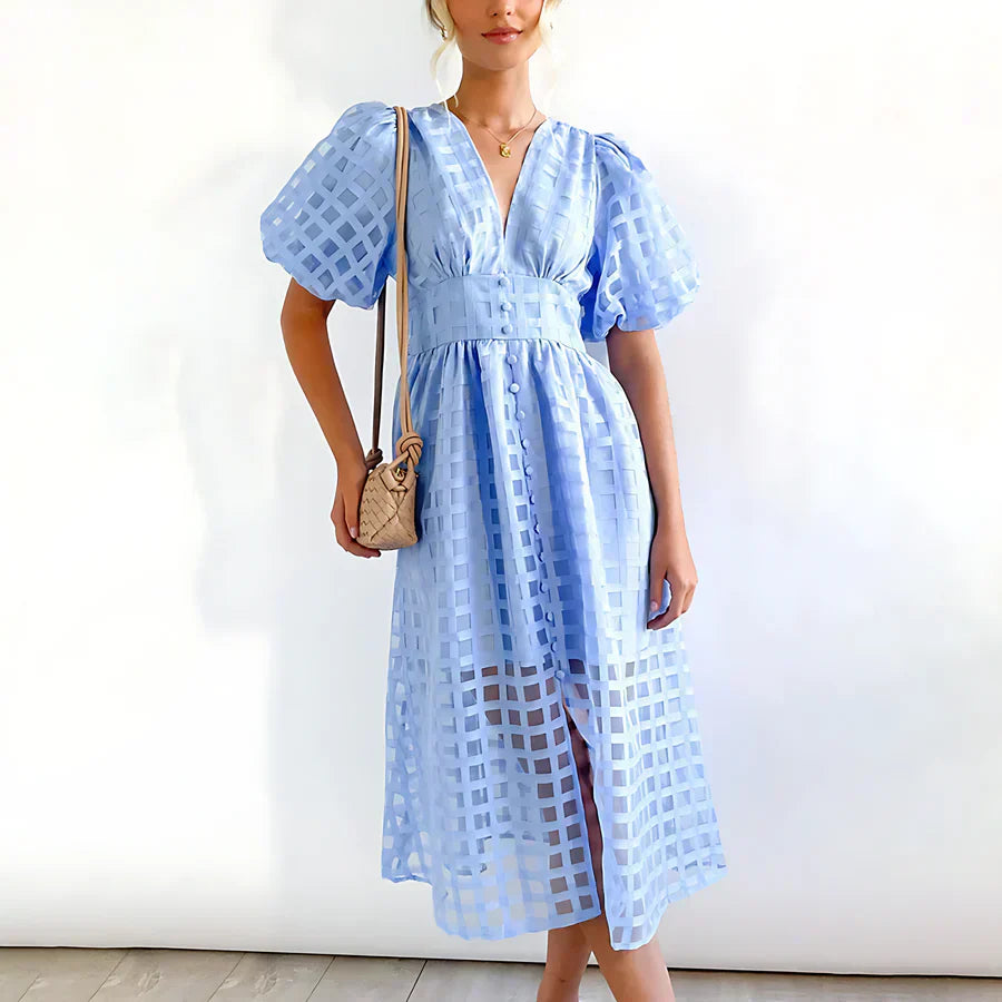 Cindy | Classic Patterned Puff Sleeve Midi Dress