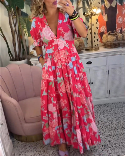 Reagan | V-Neck Short Sleeve Floral Maxi Dress