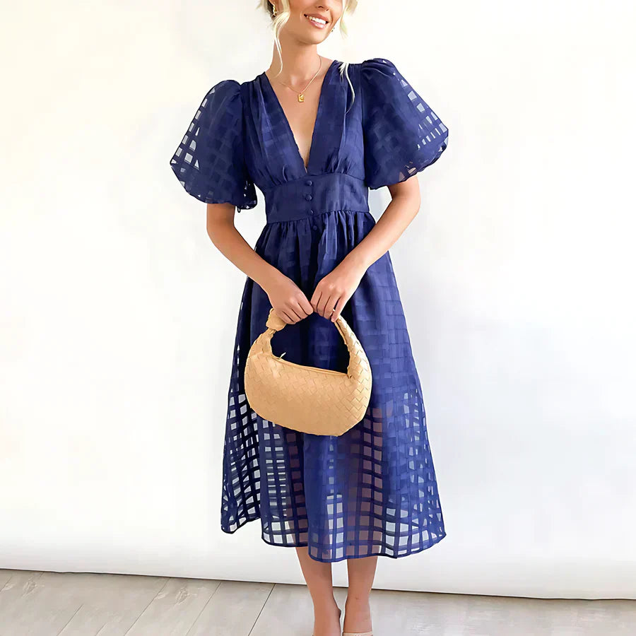 Cindy | Classic Patterned Puff Sleeve Midi Dress