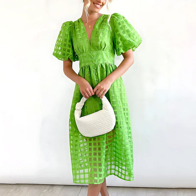 Cindy | Classic Patterned Puff Sleeve Midi Dress