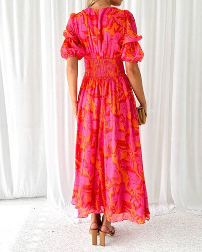 Alva | Elegant V-neck Puff Sleeve Maxi Dress