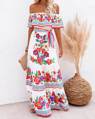 Oceana | Printed Lace-Up Waist Long Dress
