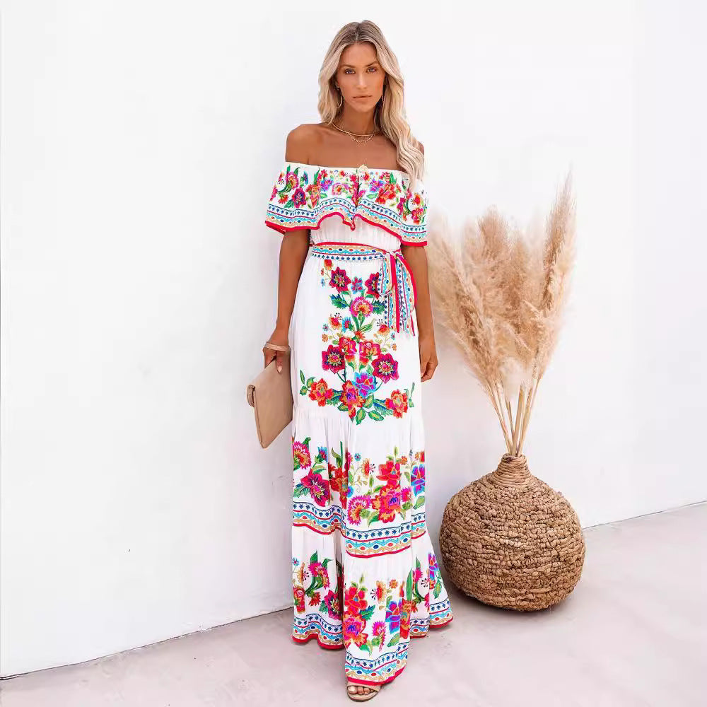 Oceana | Printed Lace-Up Waist Long Dress