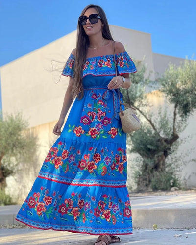 Oceana | Printed Lace-Up Waist Long Dress
