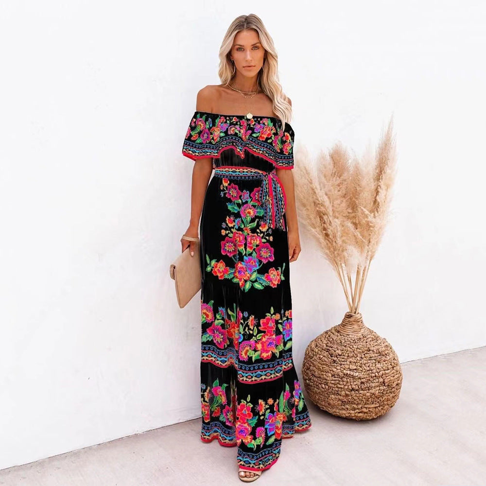 Oceana | Printed Lace-Up Waist Long Dress
