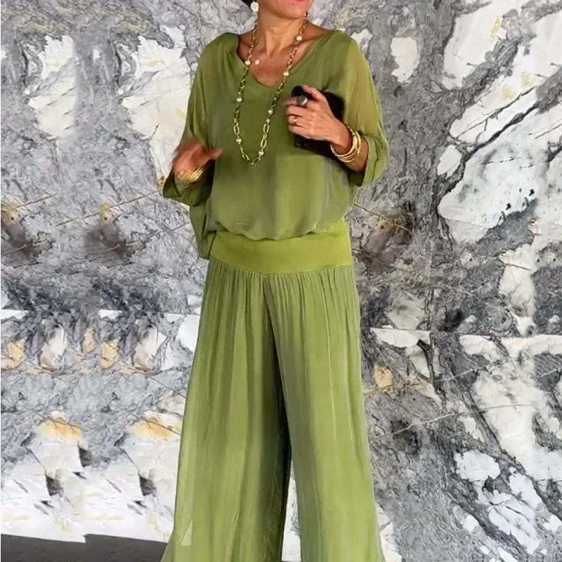 Ella | Chic Chiffon Top & Pants Two-Piece Set