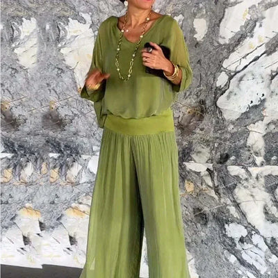 Ella | Chic Chiffon Top & Pants Two-Piece Set