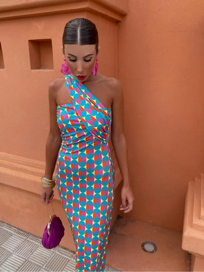 Irmgardi | Colorful Asymmetric Neckline Dress