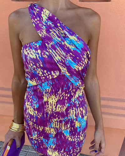Irmgardi | Colorful Asymmetric Neckline Dress