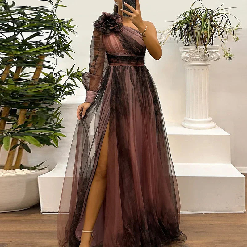 Judith | Trendy One Shoulder Mesh Print Maxi Dress