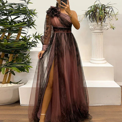 Judith | Trendy One Shoulder Mesh Print Maxi Dress
