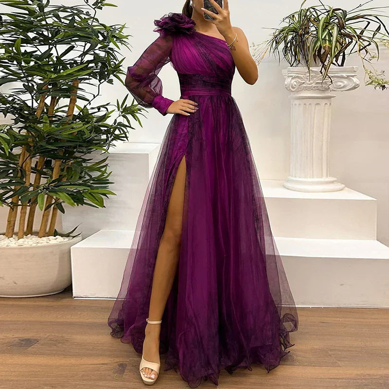 Judith | Trendy One Shoulder Mesh Print Maxi Dress