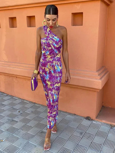 Irmgardi | Colorful Asymmetric Neckline Dress