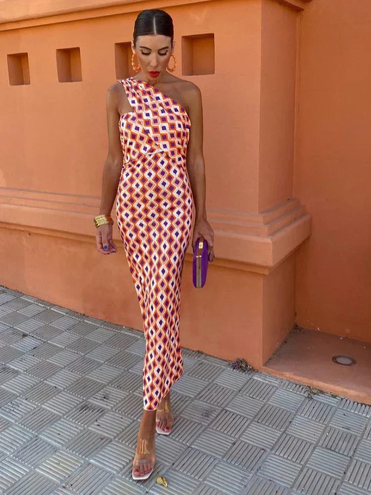 Irmgardi | Colorful Asymmetric Neckline Dress