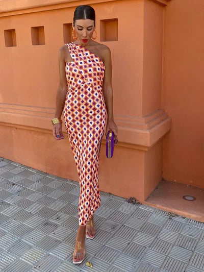 Irmgardi | Colorful Asymmetric Neckline Dress