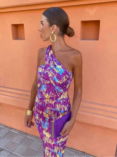 Irmgardi | Colorful Asymmetric Neckline Dress