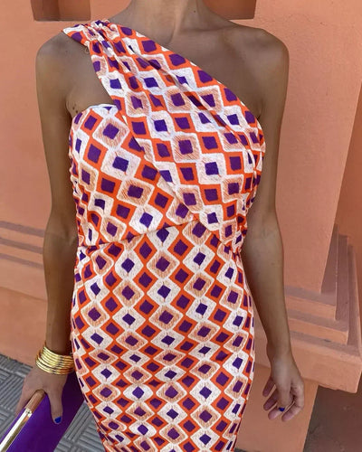 Irmgardi | Colorful Asymmetric Neckline Dress