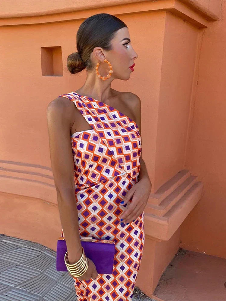 Irmgardi | Colorful Asymmetric Neckline Dress