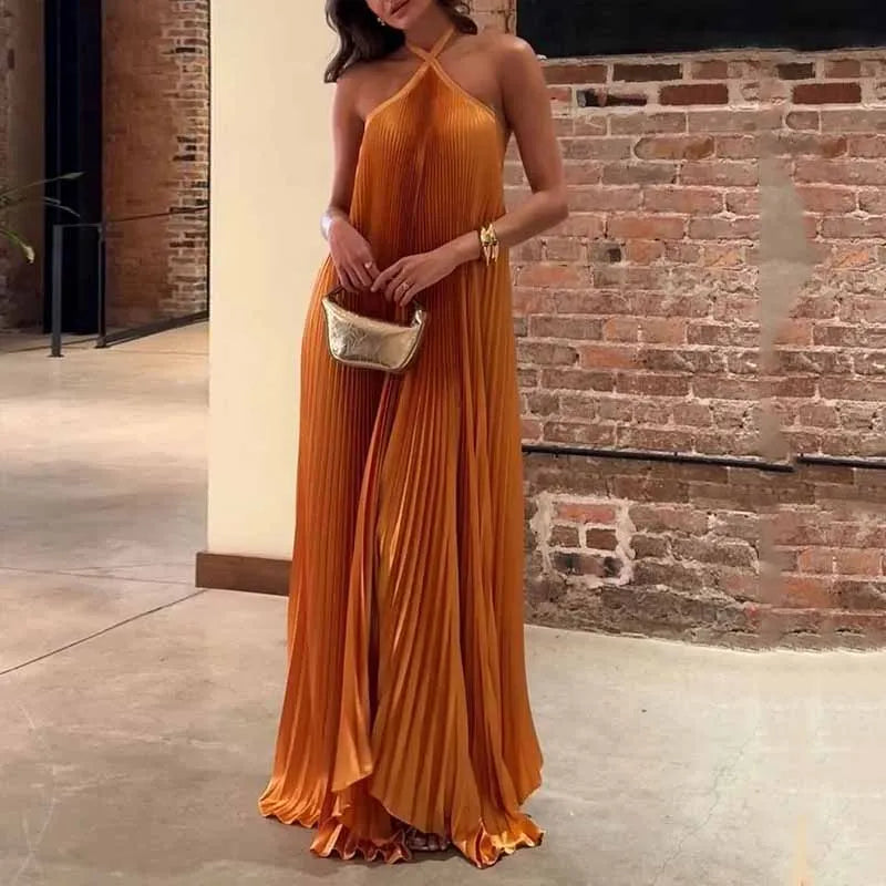 Kyla | Chic Pleated Halter Neck Maxi Dress