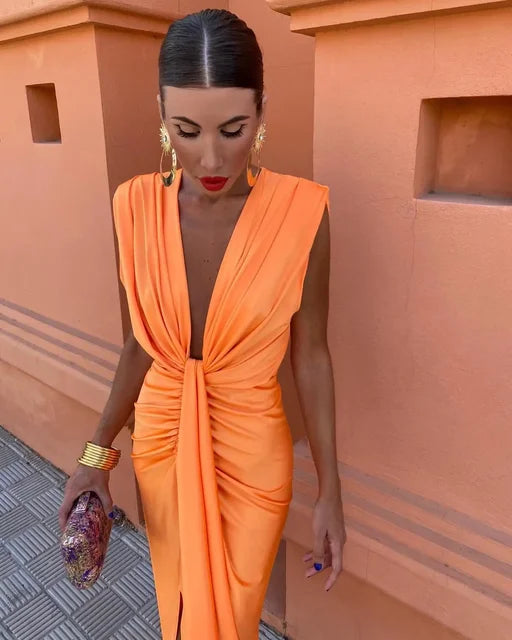 Moriah | Sunset Ruched V-Neck Dress